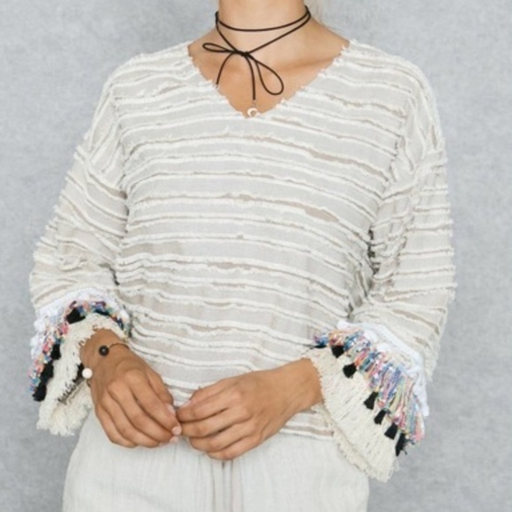 J.O.A. Cream textured striped tassel multi colored top NWOT size M